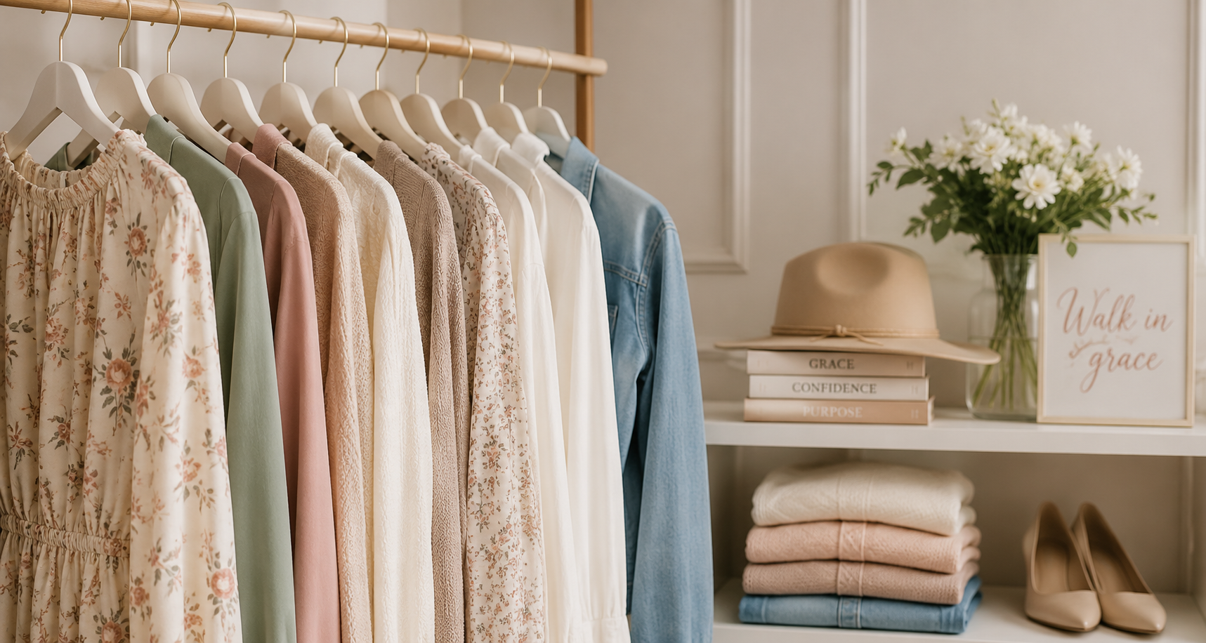Curated rack of modest dresses, blouses, and accessories