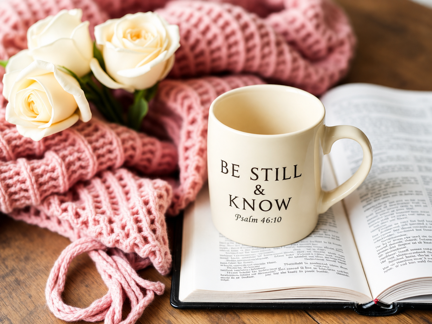 Be still and know — Psalm 46:10 mug with roses and Bible